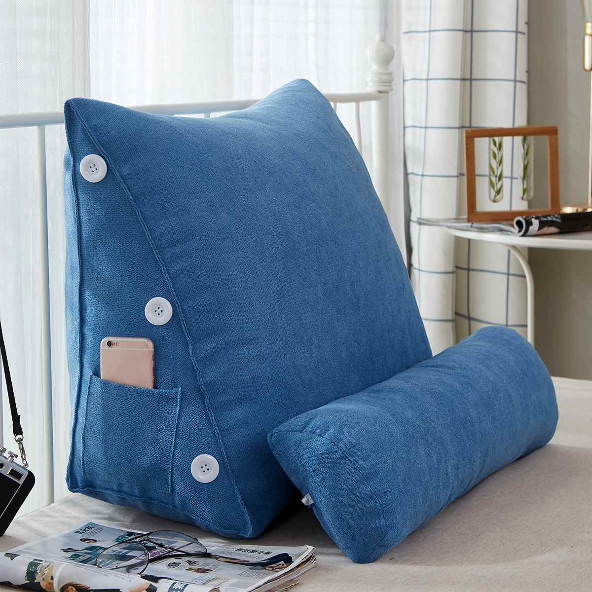 Bed Triangular Cushion Chair Bedside Lumbar Chair Backrest Lounger Lazy Office Chair living Room Reading Pillow Home Decor: Blue
