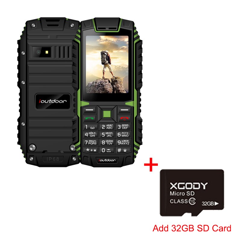 Ioutdoor T1 2G Funktion Handy IP68 Wasserdicht Stoßfest Telefon 2.4 ''32MB + 32MB 2MP Zurück kamera FM Telefon Celular 2100mAh: English keyboard / Green Add 32GB Card