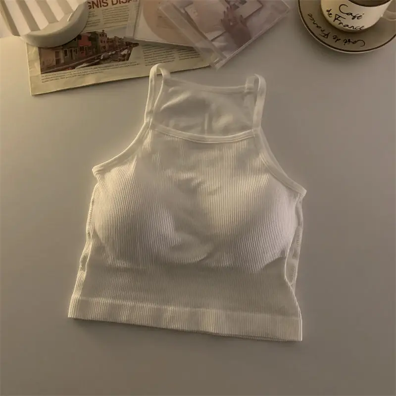 Camisetas sin mangas para mujer versión coreana, Top corto informal liso con almohadilla en el pecho, ropa exterior sin mangas a rayas, camisola básica: Azul