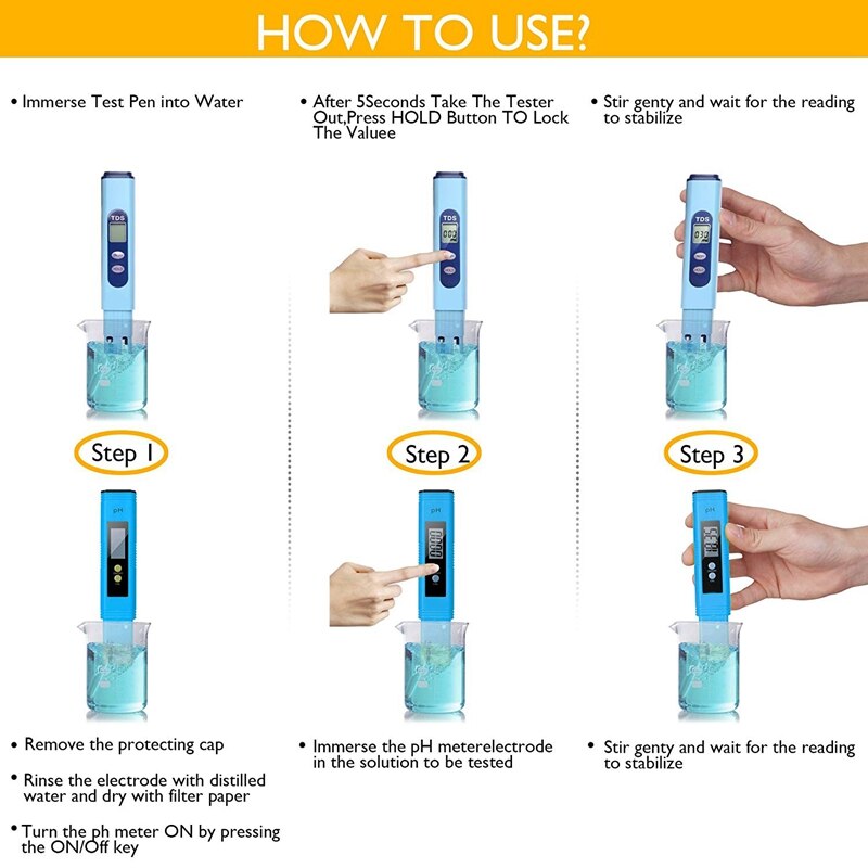 Water Tester TDS PH 2-In-1 Kit 0-9990 PPM Measurement Range 1 PPM Resolution 2% Reading Accuracy