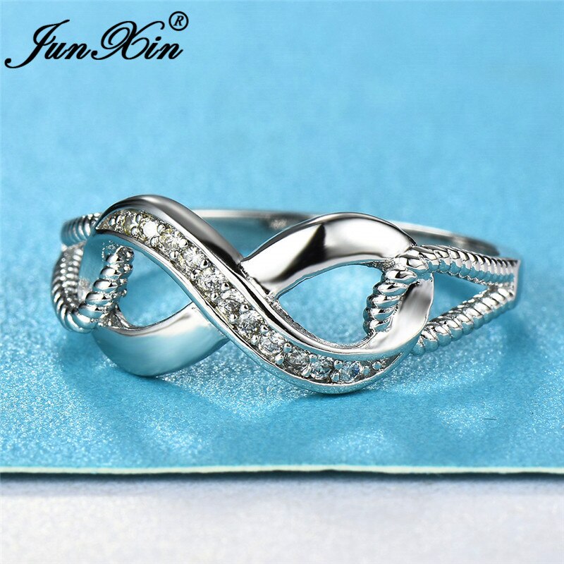 JUNXIN Valentijnsdag Liefde Infinity Ringen Voor Vrouwen 925 Sterling Zilveren Promise Wedding Ring White Crystal Letters Ring Sieraden