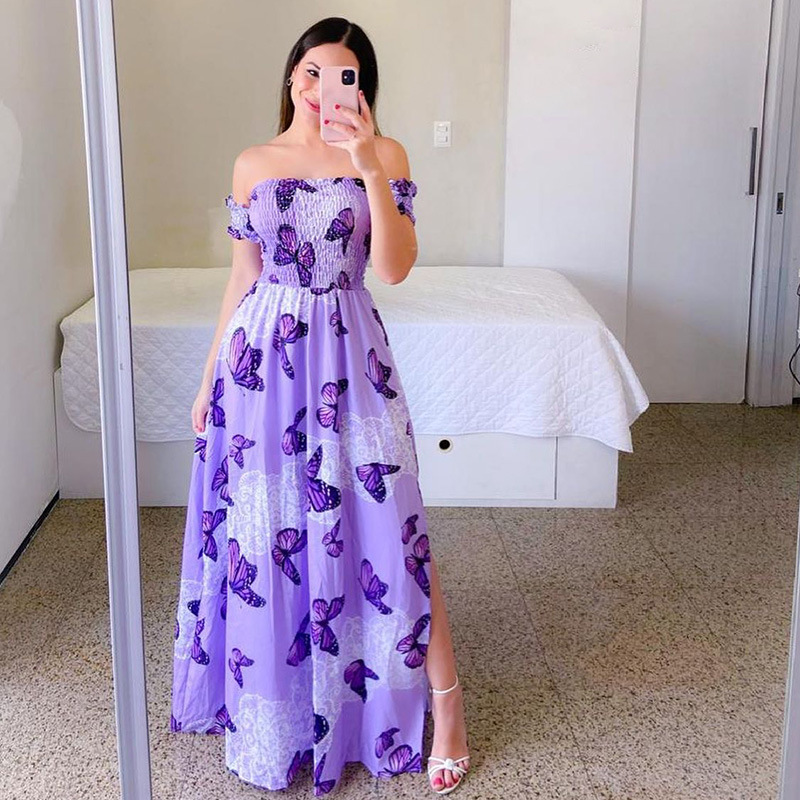 Moda feminina um ombro impresso split doce e elegante borboleta arco-íris vestido longo senhora vestidos flor sólido colorido