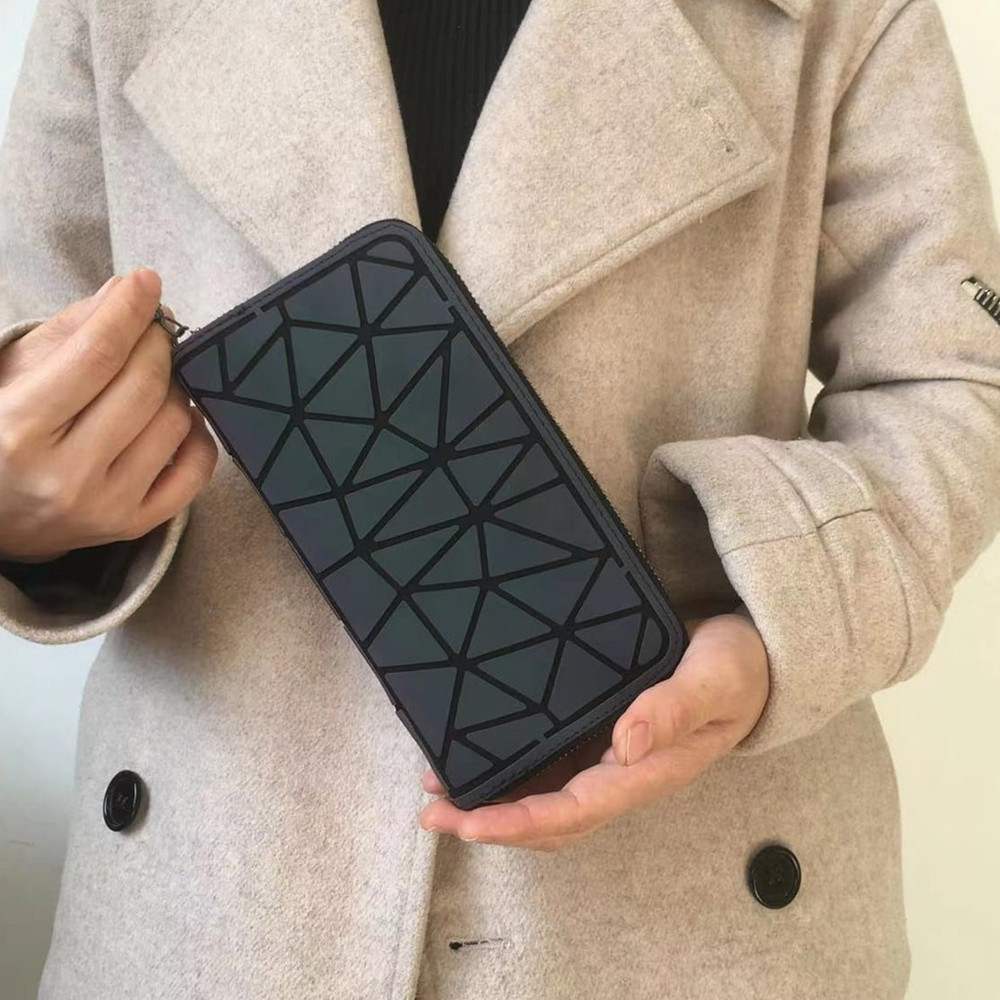 Luminous long zipper wallet for women.Geometric rhombus cell phone wallet/multi-card credit card holder and coin purse