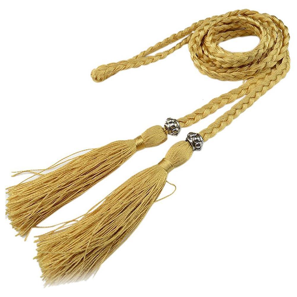 Cinto de borla tecido estilo trançado para mulheres, cintura boêmia para senhoras, corda de cintura, moda chinesa, acessórios de vestido: Dourado