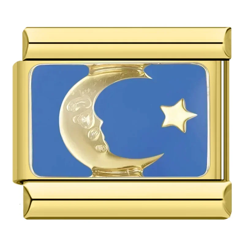 Hapiship, , 2024, Luna, estrella, ojo, dorado, italiano, eslabones aptos para pulsera de acero inoxidable de 9mm, joyería al por mayor DJ1373-A: Azul