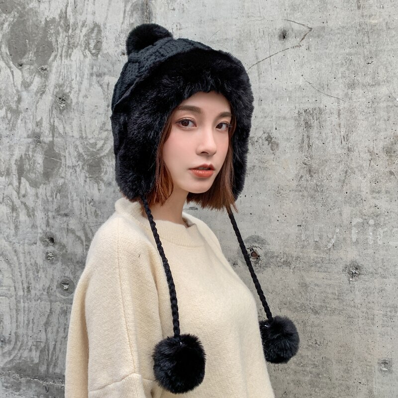 H3568 Women Warm Bomber Hat Winter Riding Ear Protection Plush Thickened Knitted Cap Korean Cold Proof Lovely Casual Girl Hats: black