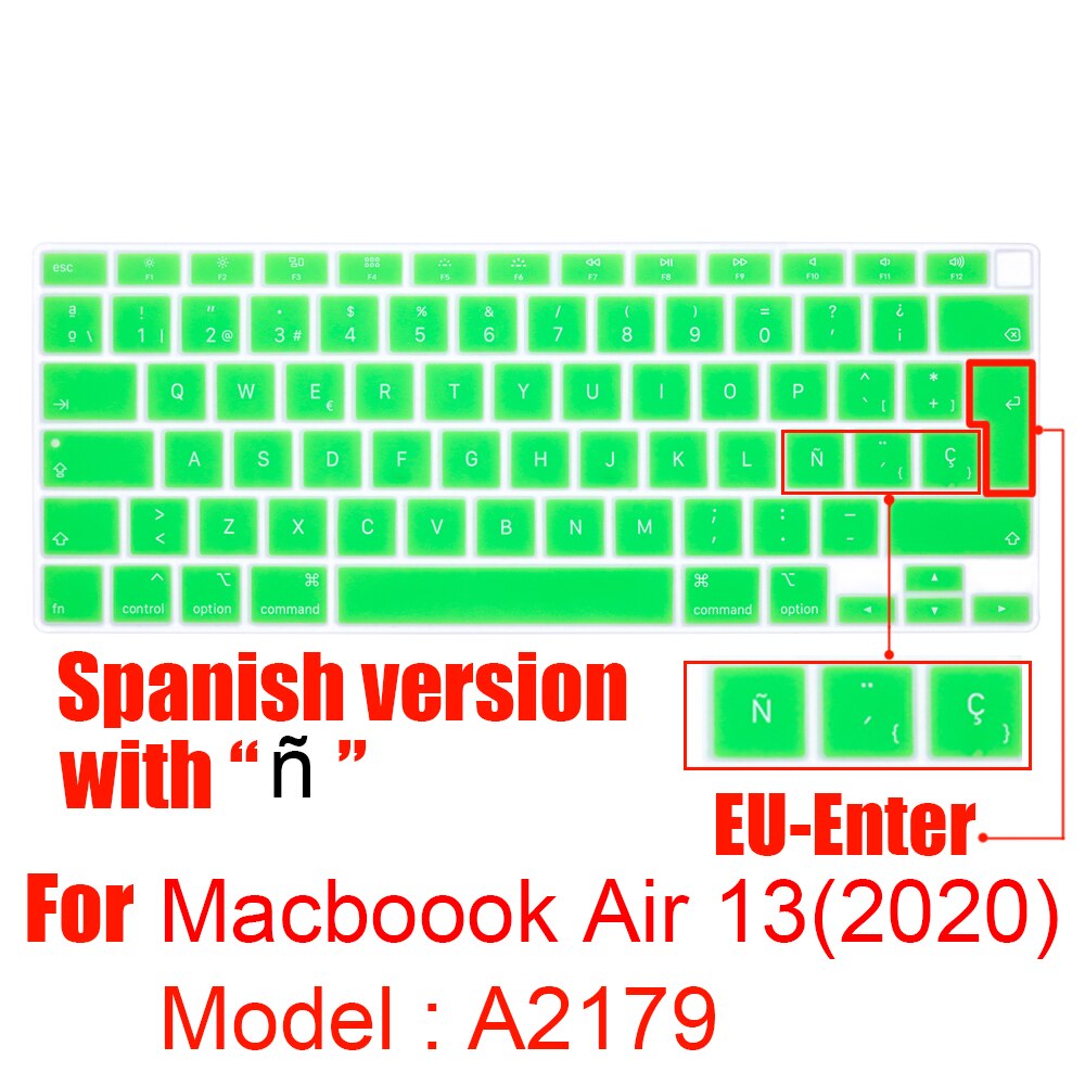 Dla 2020 nowy Macbook Air 13 Cal silikonowa klawiatura laptopa pokrywa z touchbar ue wersja A2179 hiszpania Laptop film ochronny: A2179 EU green