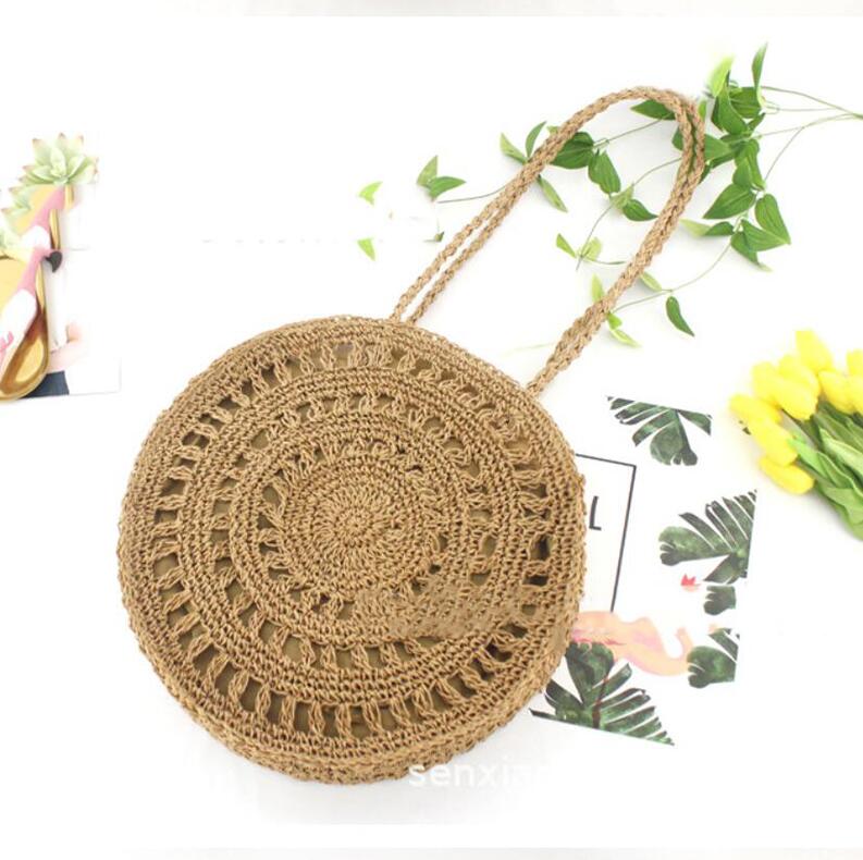 Bohemian Stro Tassen Voor Vrouwen Cirkel Strand Handtassen Zomer Rotan Schoudertassen Handgemaakte Gebreide Reizen Grote Bakken Tas: Brown