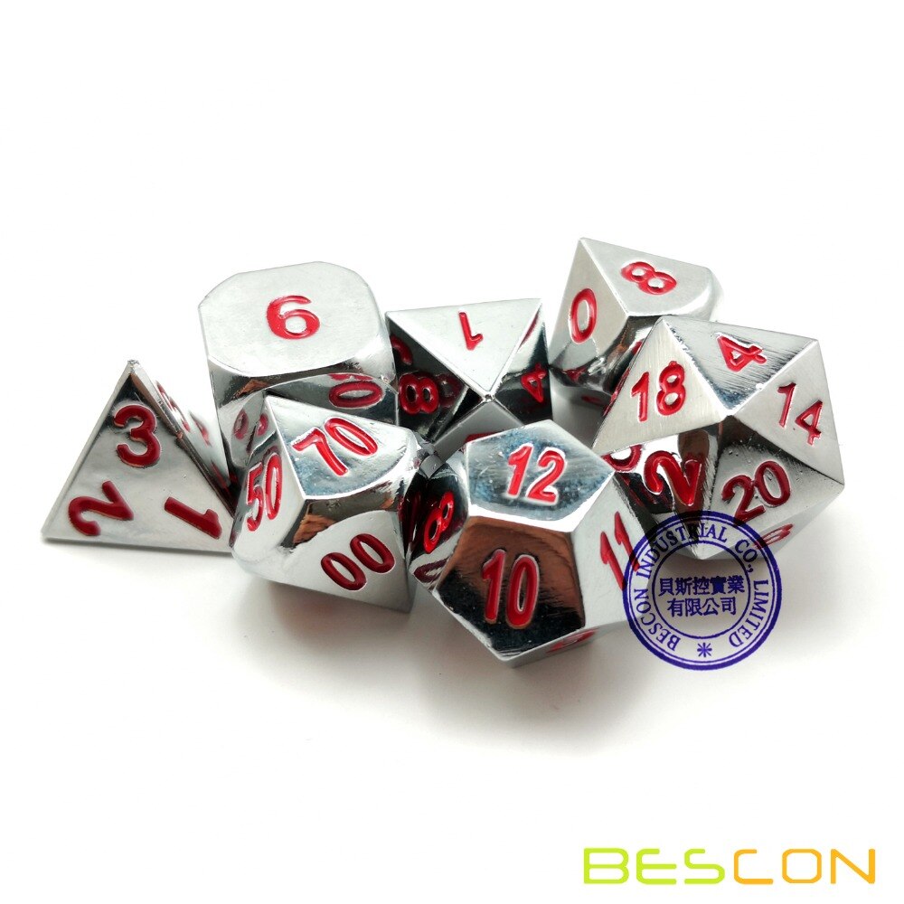 Bescon Zware Shiny Chrome Metal Dice Set Van 7, solid Metallic Chrome Polyhedral Rol Playing Game Dobbelstenen Set W/Rode Cijfers