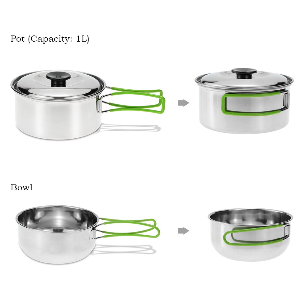 Outdoor Camping Hiking Cookware Backpacking Cooking Picnic Bowl Pot Set Stainless Steel Cook Set camping plate set