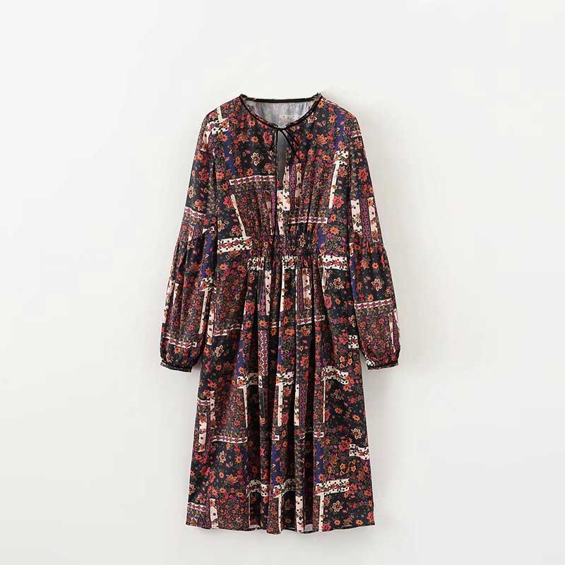 Bella philosophie bohème hiver mini robe imprimer empire robe lâche robe de à manches longues col rond femmes robe de: M
