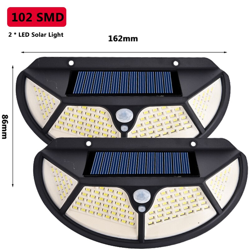 Solar Light Outdoor Led Wall Lamp 3 Mode Motion PIR Sensor Street Light SMD2835 102 Built in Battery Sunlight Powered Waterproof: 2pcs (102 SMD)