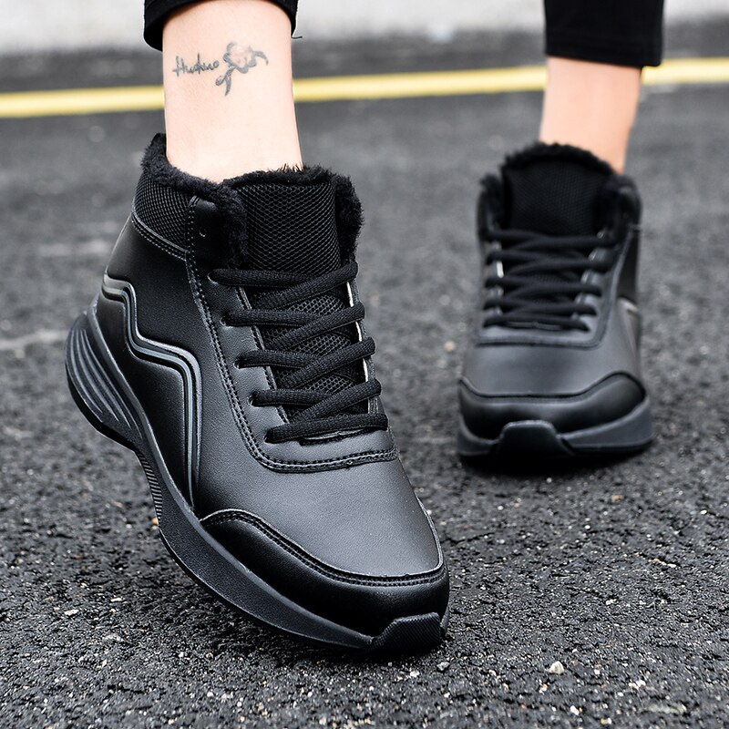 Winter Women's Shoes Plus Velvet Mid-cut Non-slip Walking Shoes Outdoor Trend Women Causal Sneakers All-match: black / 5