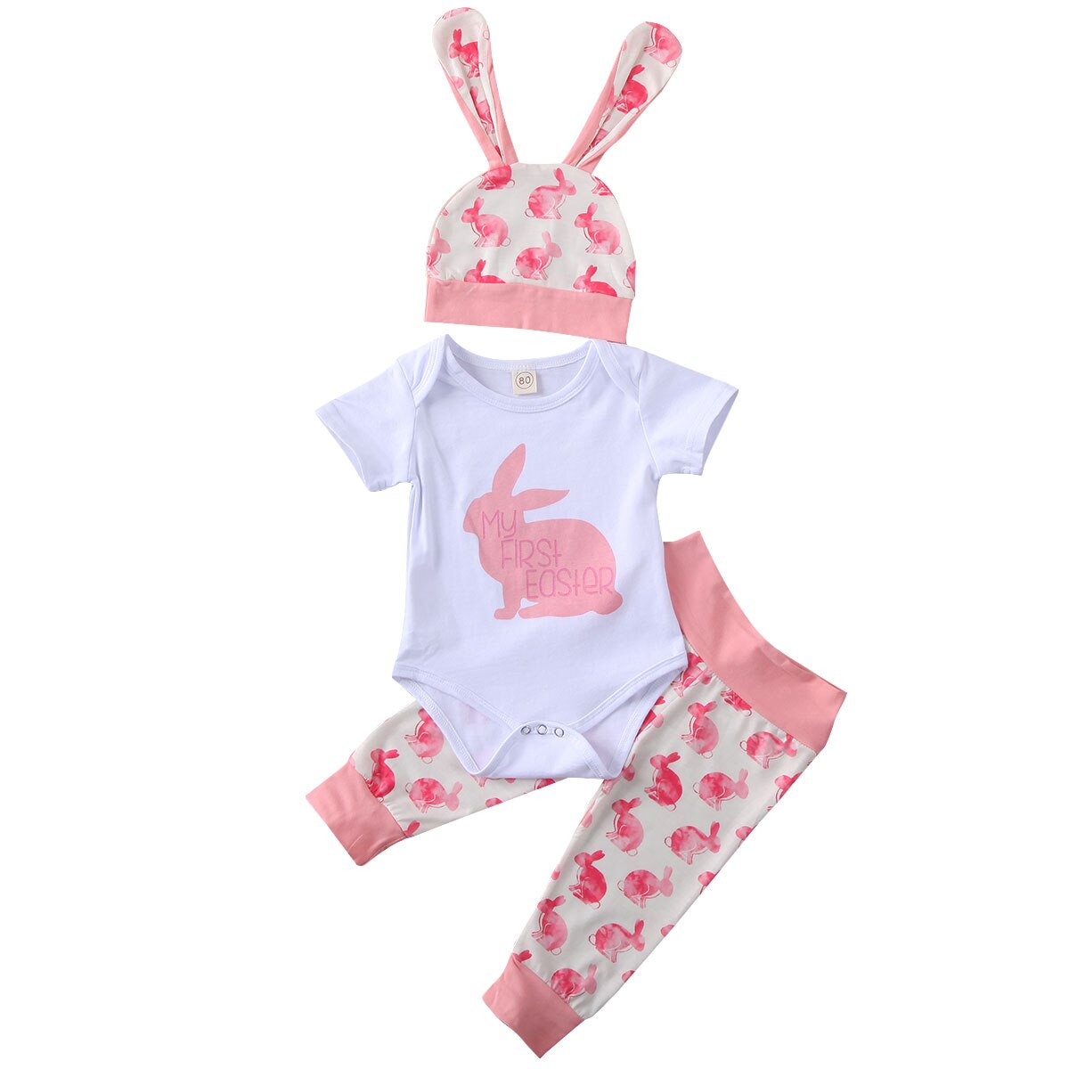 3PCS My First Easter Toddler Newborn Baby Girl Boy Easter Outfits Set Short Sleeve Bunny Tops+Print Pants+Hat Summer Clothes Set: Pink / 24M