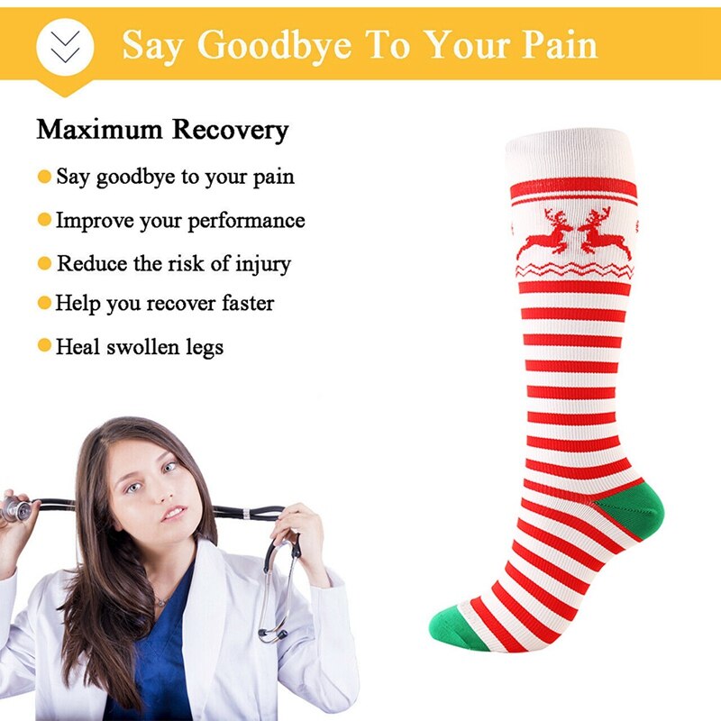 6Pcs Volwassen Compressie Kousen Compressie Kousen Kerst Kousen Kerst Cap Boom Herten Gestreepte Sokken Decor