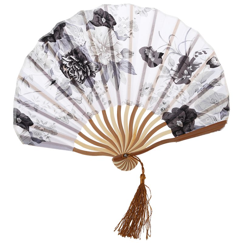 Chinese Grijs Pioen Blossom Stof Bamboe Vouwen Dansen Hand Ventilator Wit: Default Title