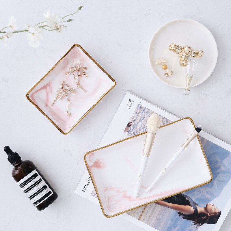Nordisk stil marmor guld opbevaringsbakke keramisk smykkebakke desktop inkluderet fotografi rekvisitter badeværelse kommode plade affaldsbakke