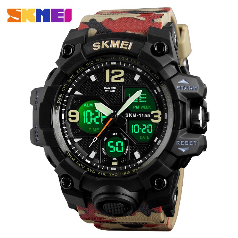 Skmei luminous dual display herre sportsure mandlige quartz armbåndsur stopur automatisk dato alarm elektronisk ur 1155b farve: Rød camouflage