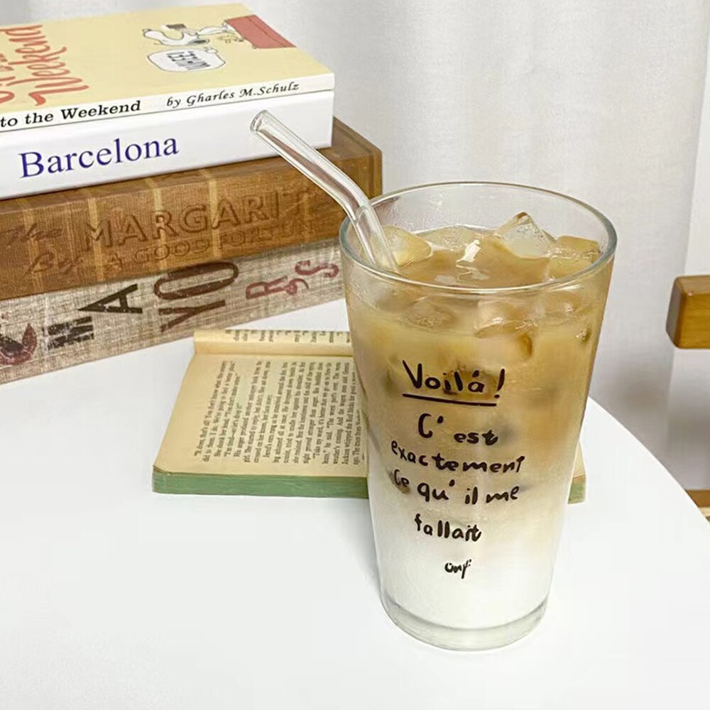 Glas kopp retro fransk stor kapacitet retro flicka brev kaffe glas kopp med lock halm vatten kopp dubbelbottnad kaffe temugg