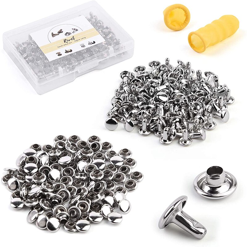 MIUSIE 100 Sets Leather Rivet Tubular Metal Rapid Rivet Studs Double Cap Rivets With Box For DIY And Leather Crafts: Type 1