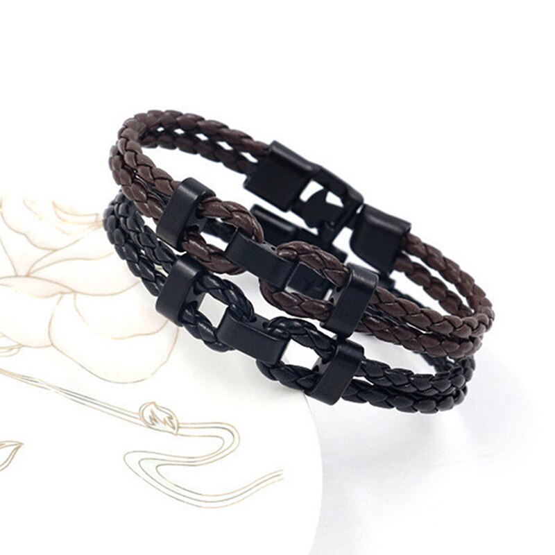 Diy Hand-woven Jewelry Wrap Multilayer Leather Braided Rope Wristband For Men Brown Black Leather Bracelet