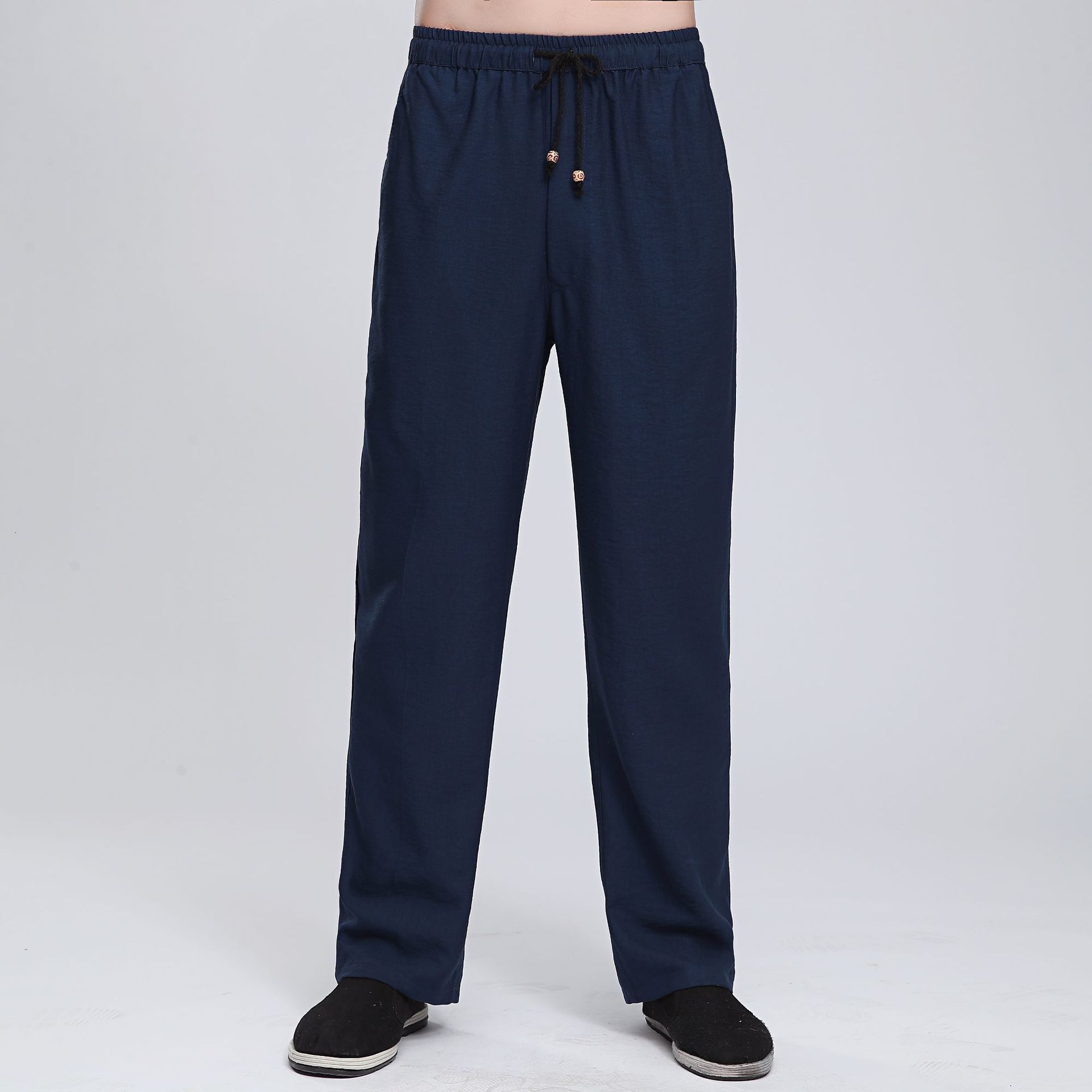 Homme bleu Beige noir chinois traditionnel coton lin pantalons décontractés Kung Fu pantalon Wu Shu Tai Chi pantalon grande taille XXL 3XL: Blue  / XL