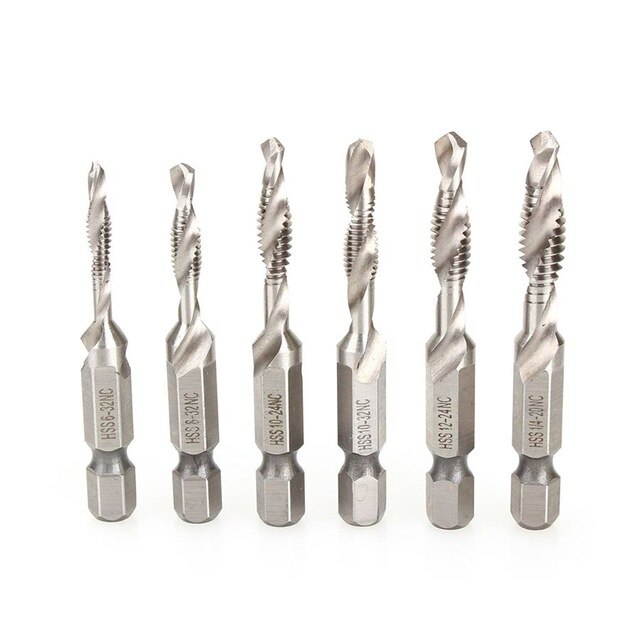 6pcs SAE Drill Tap Combination Bit Set Deburr Countersink Hex Bit HSS 1/4 Shank Combination Drill Tap Bit Tapping Deburring