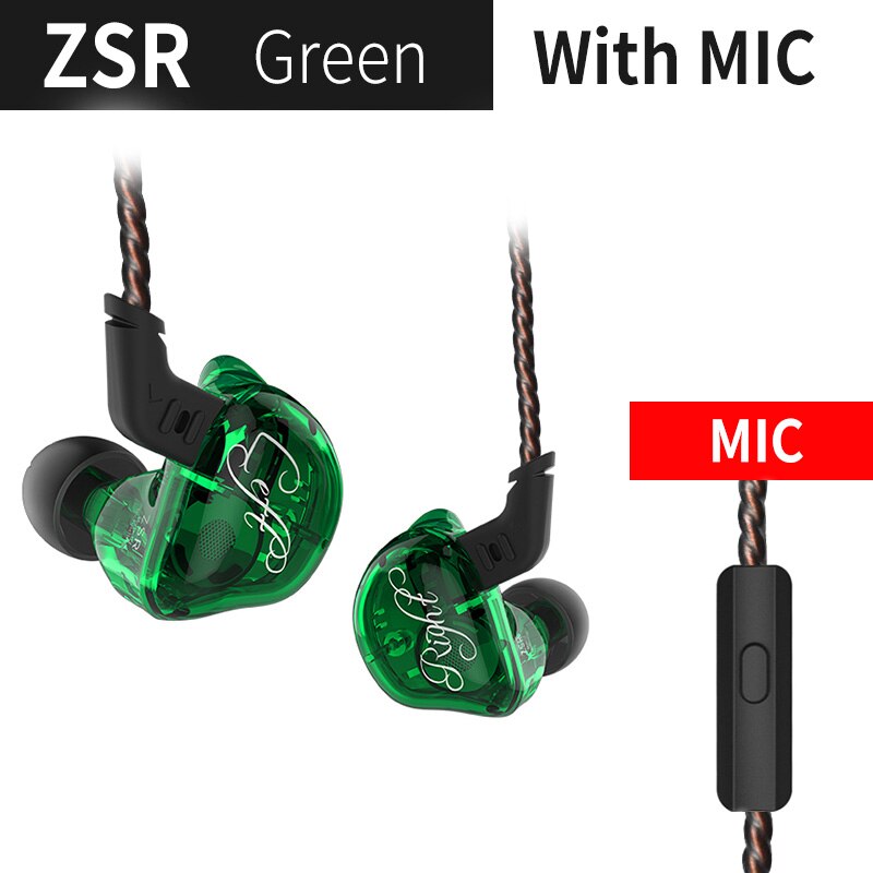 Kz Zsr 1DD + 2BA Hifi Sport In-Ear Oortelefoon Dynamische Driver Noise Cancelling Headset Vervanging Kabel AS10 ZS10 zst: green  with mic