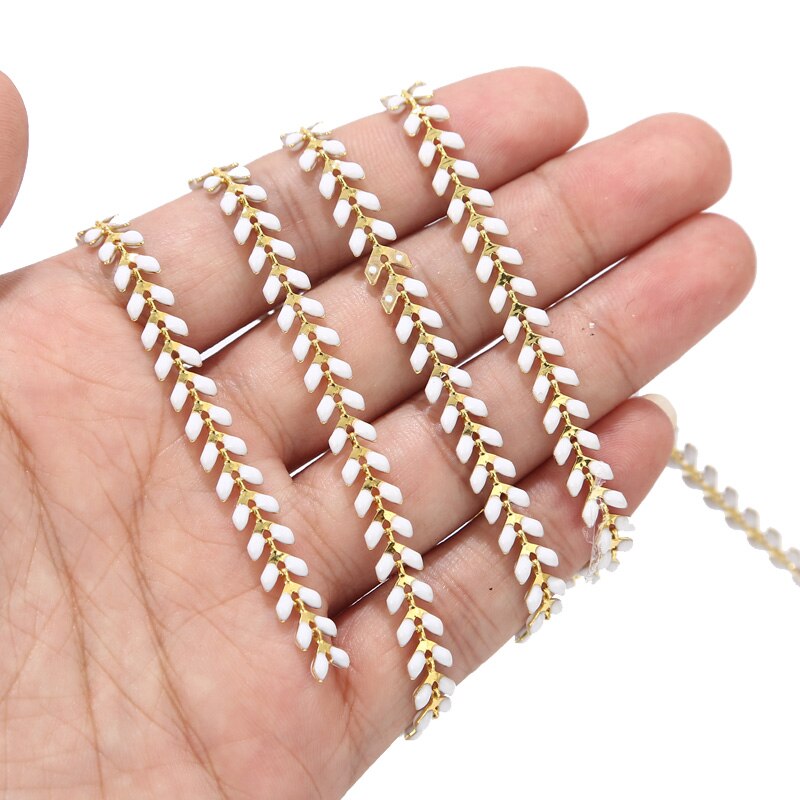 2 Meters Gold Plated Enamel Brass Fishbone Chains 6MM Handmade Boho Aircraft Chain Jewelry Supplies Mixed Color: Gold White