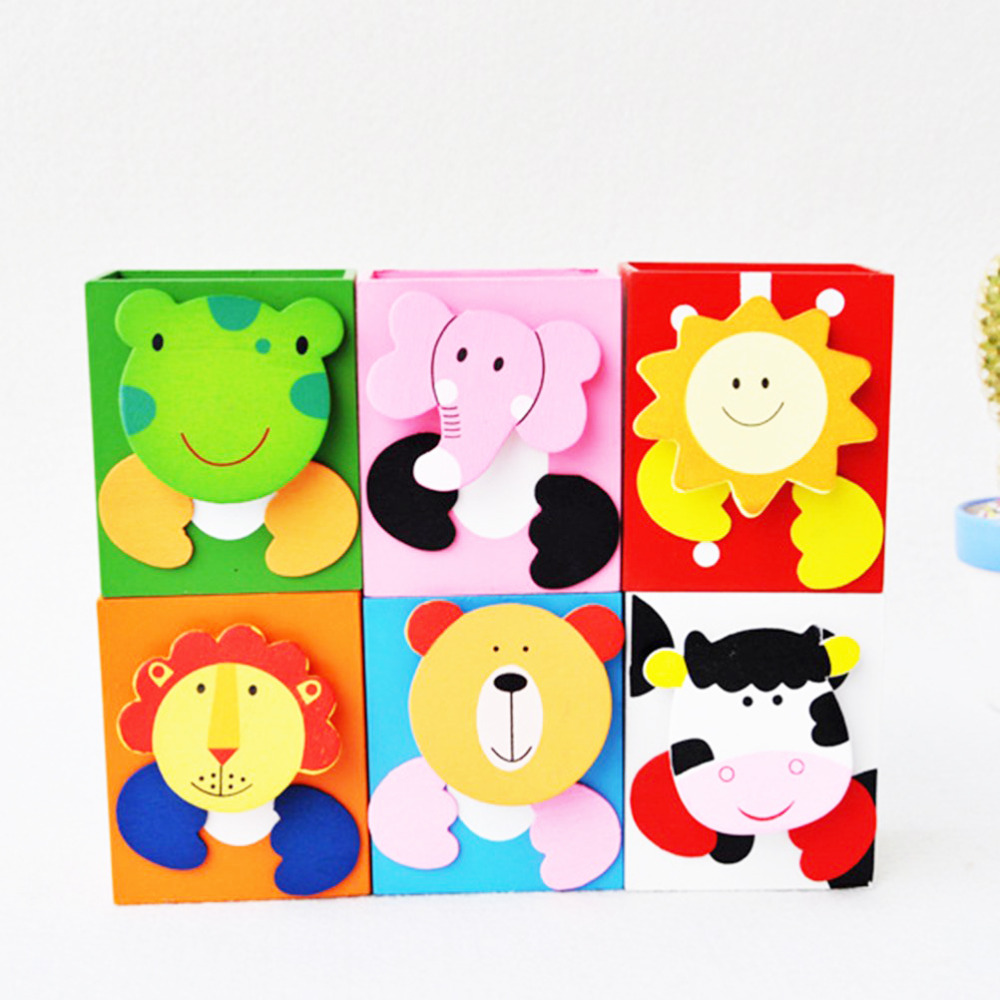 Wooden Pencil Holder Cartoon Pen Organizer Container Desktop Cute Stationery Desk Decoration For School Office Kids Children