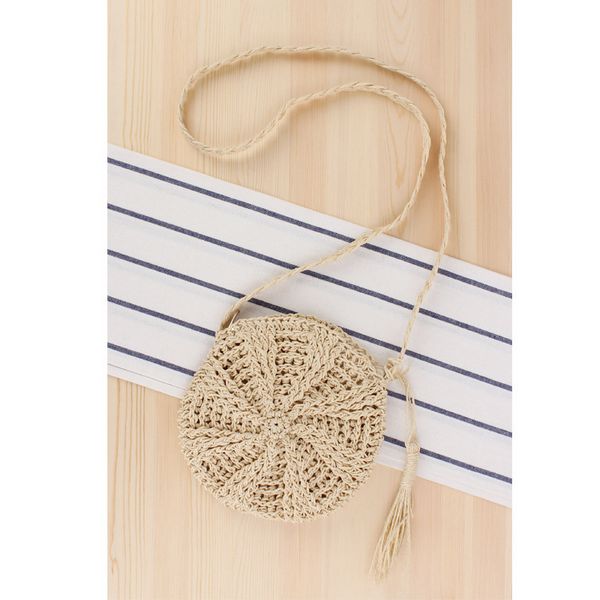 Small Bolsas Round Straw Beach Bags Handmade Woven Crossbody Bags Raffia Circle Rattan Mini Bags Summer Women Shoulder Bag C843: Beige