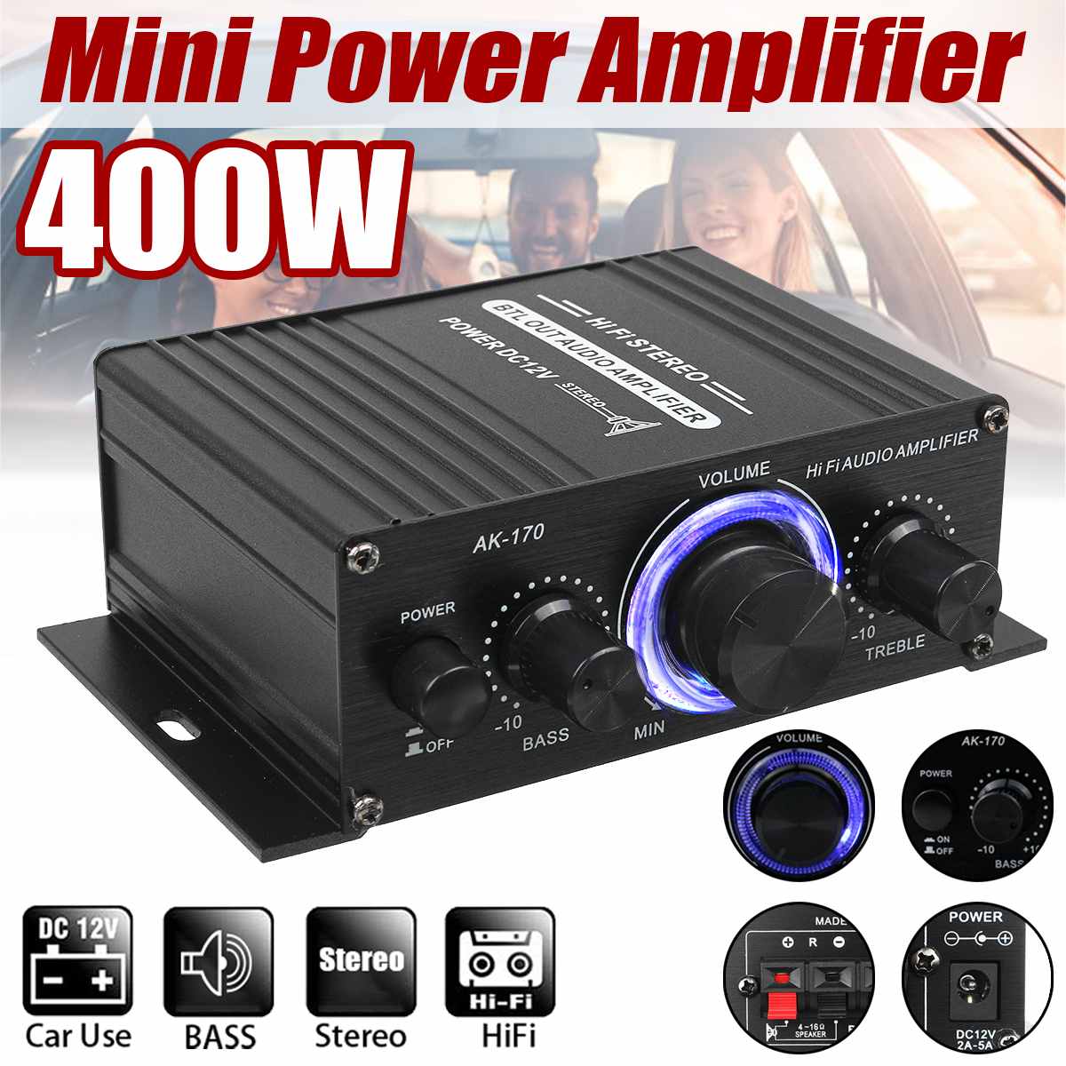 Amplificador de sonido para coche, Subwoofer estéreo Hifi de 400W, 2x200W, EDR Digital, LED: AK170 NO Bluetooth