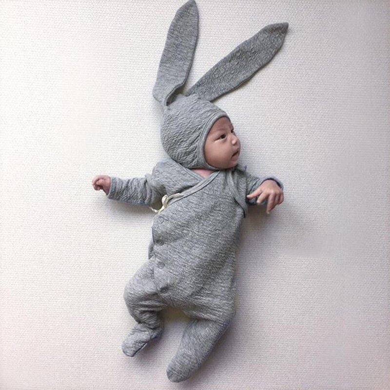 Geckatte Autumn Cute Ear Hat+long Romper Sets Baby Girl Clothes Solid Baby Boy Clothes Born Baby Clothes Babygirl Onesie: Gray / 60
