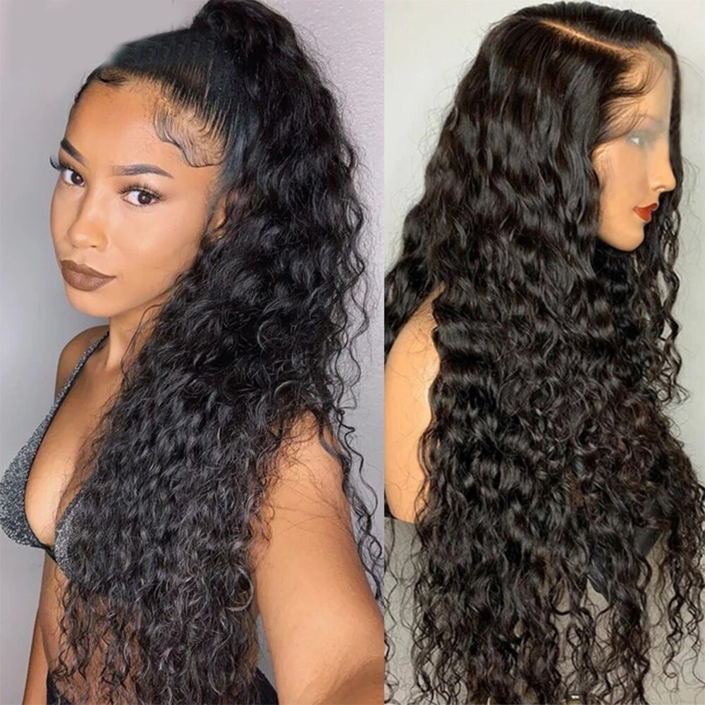 Glueless Deep Wave Synthetic Hair Natural Black Lace Front Wig Water Wave Lace Wig High Temperature Fiber Daily Wear for Women