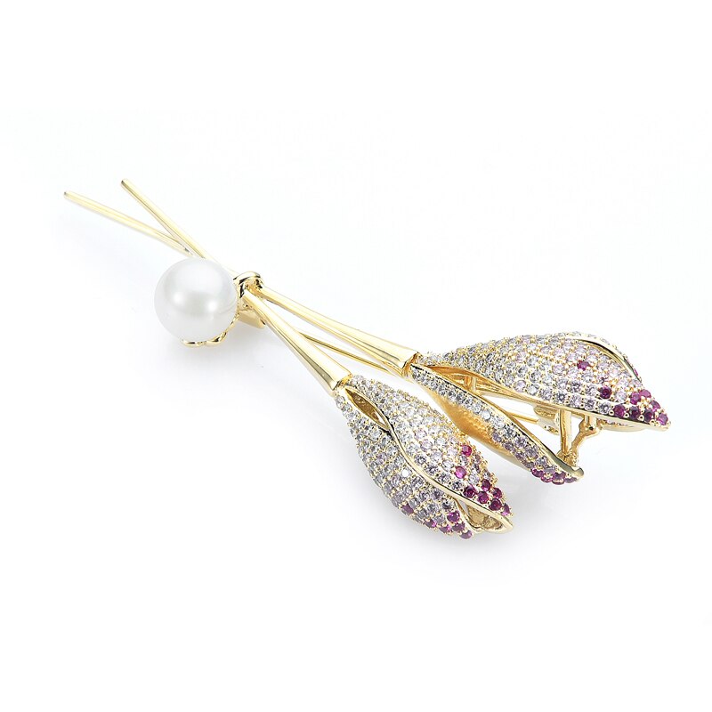 Wuli & baby Luxus Cubic Zirkon Tulpe Blume Broschen Für Frauen Perle Rosa Blume Hochzeiten Party Büro Brosche Pins