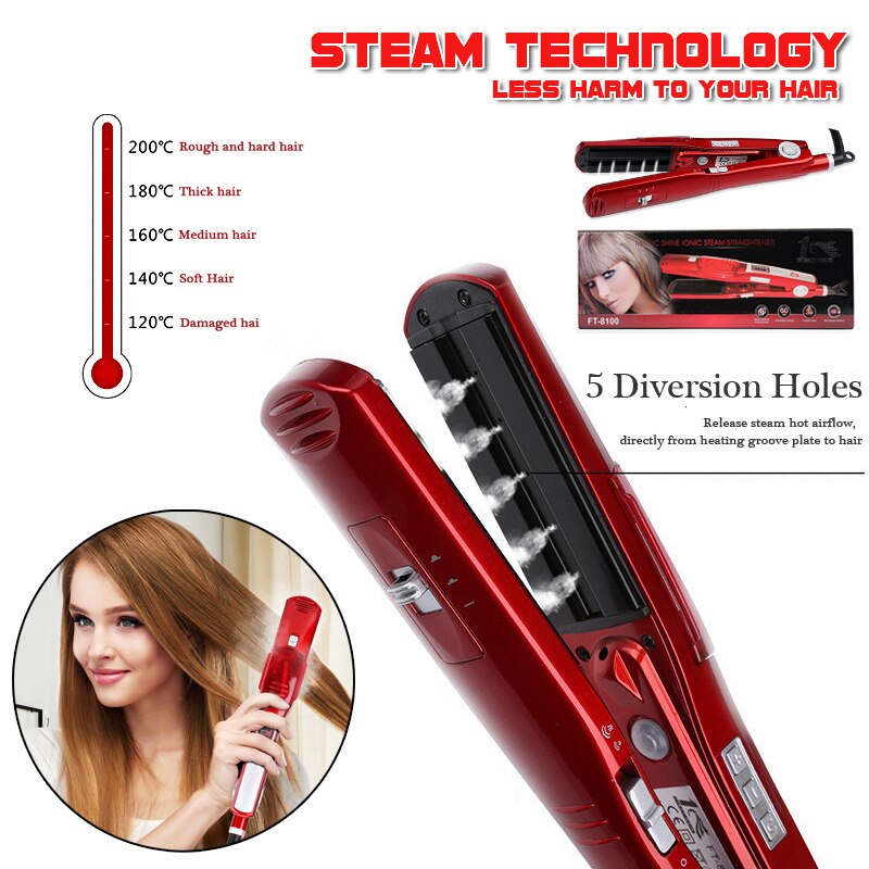 Alisador de pelo a vapor, plancha plana de inyección de pintura a vapor 450F, alisador de pelo, herramientas de peinado