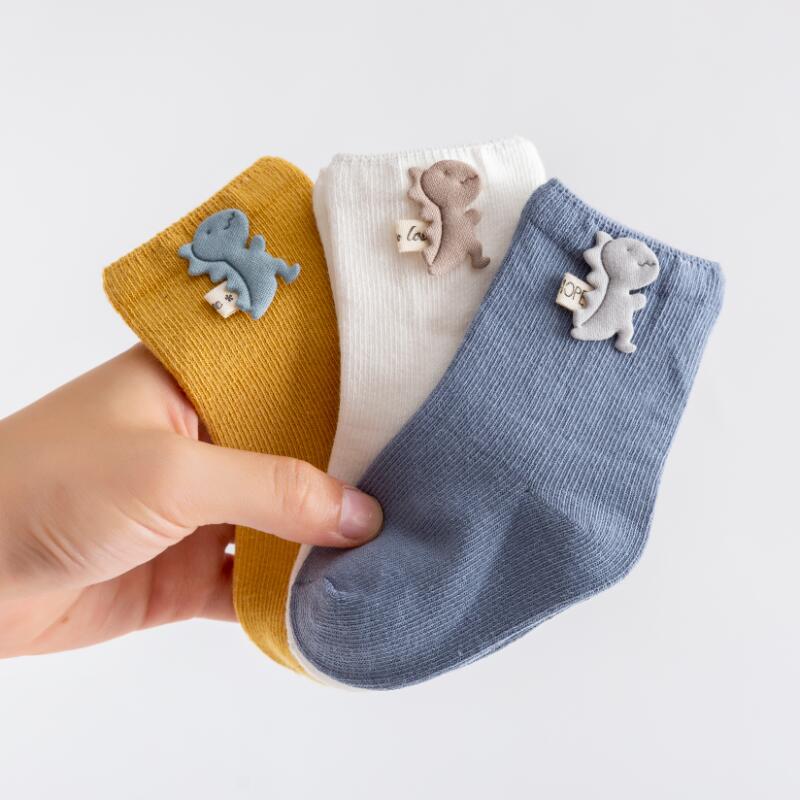 3Pairs Kids Cartoon Sokken Dier Fruit Baby Sokjes Effen Kleur Zachte Katoen Meisje Jongen Korte Sokken Voor Baby peuter 6-12M: dinosaur