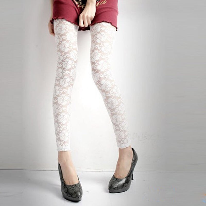 Women Stretch Crochet Lace Leggings Fitness Leggings Transparent Skinny Slim Sexy Hollow Out Rose Flower Trousers Perneiras: White