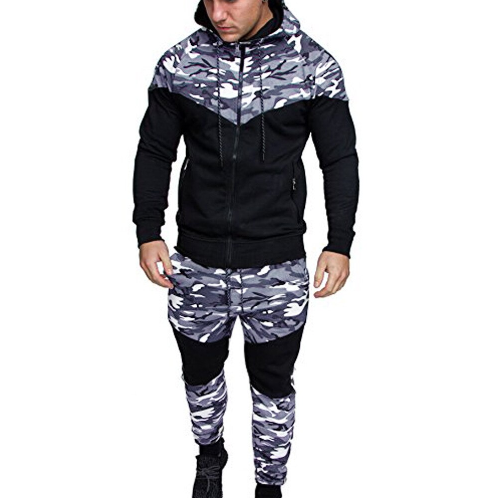 Esportes dos homens de roupas masculinas Outono Inverno Camuflagem Camisola Top Calças Define Terno Dos Esportes Treino de alta qualidade Da Moda #7: black / M