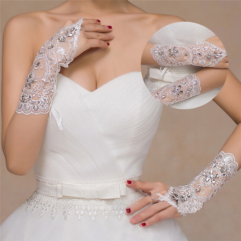 Guanti Lunghi Senza Dita Da Sposa In Pizzo E Raso – Ricamati Con Paillettes E Anello Per Il Dito – Accessorio Per Ballo E Matrimonio