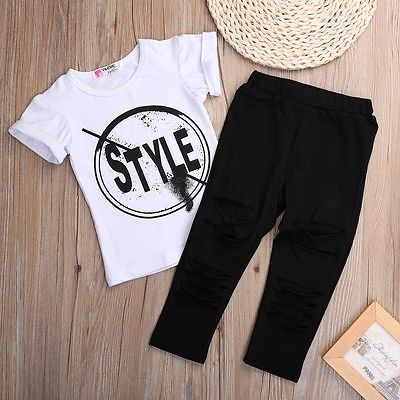 Børn piger tøj sæt baby pige sommer kortærmet print t-shirt + hul bukser leggings 2 stk outfit børn tøj sæt