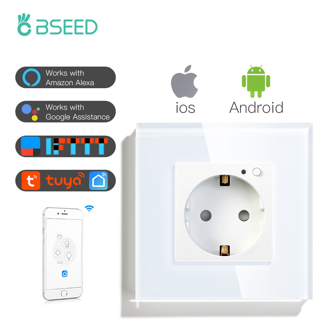 BSEED Single WIFI Power EU Sockets Double Smart Google Alexa Wall Sockets 16A Triple Glass Crystal App Sockets On/Off Switches