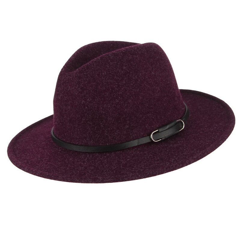 Gemvie bredskygget uld fedora filthat til kvinder varm efterår vinter panama hat jazz kasket med spænde læderbånd: Lilla