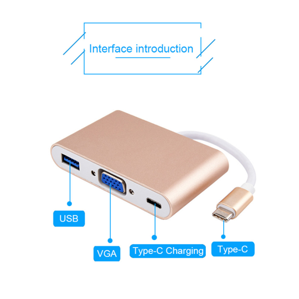 Adaptador multipuerto USB tipo C a VGA USB 3,0, convertidor de vídeo, Cable a VGA, Hub DE DATOS, puerto de carga PD, 3 en 1