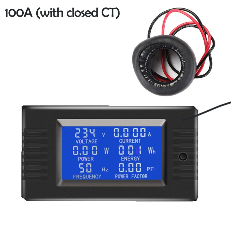 6 In1 Multifunctional Single Phase Digital Panel Ampermeter Volt Watt Kwh Power Factor Meter With Split CT Backlight LCD Screen: 100A with closed CT