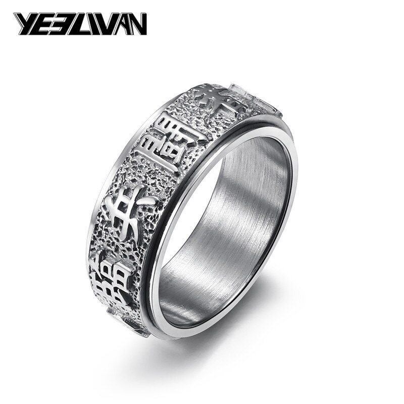 Held og lykke ring mænd kinesisk element taoist ringe vintage titanium stål punk mænd ringe drejelige kinesiske tegn smykker: 8 / Sølv