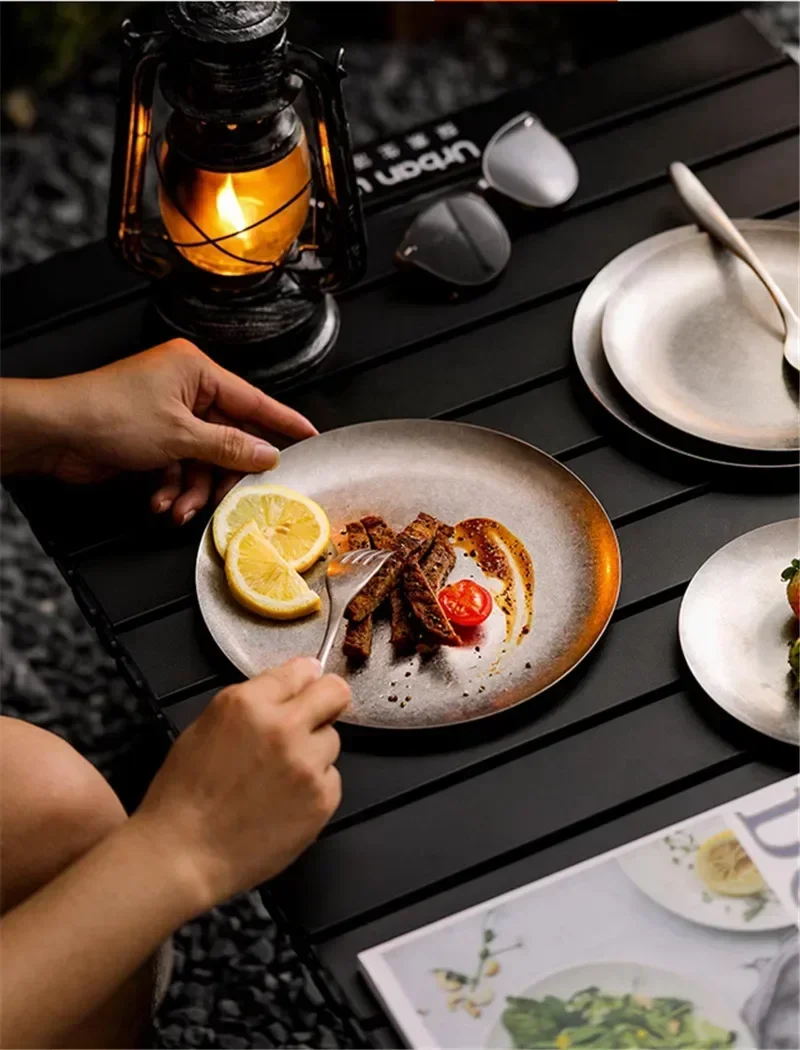 304 ronde vintage dessertbord Creatieve steak Pastaplaat Roestvrij staal Eettafel Taartbak Ondiepe borden set Japanse gerechten