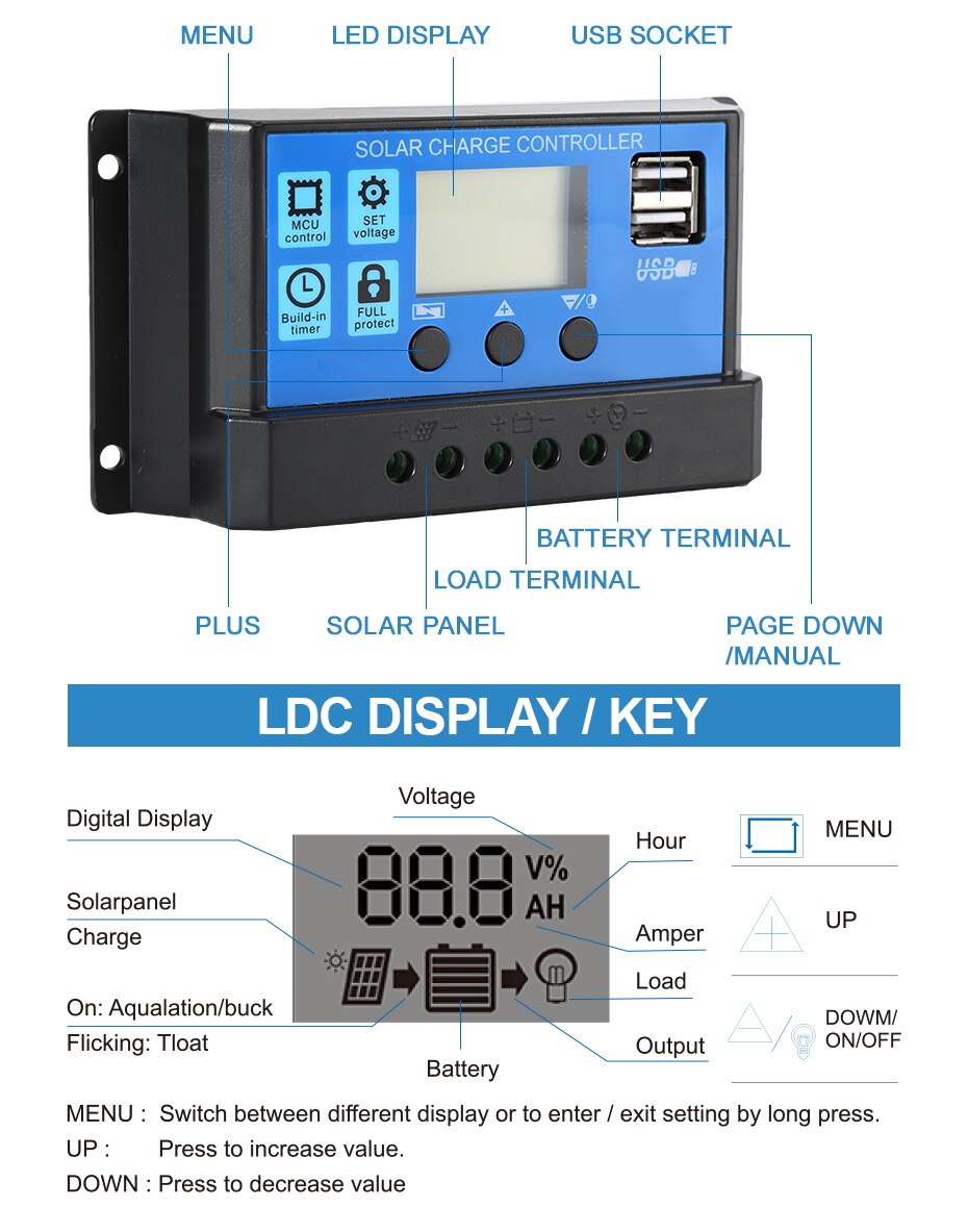 Aurinkopaneelien lataussäädin 12v 24v 50a 40a 30a 20a automaattinen aurinkopaneelinohjaimen säädin yleinen usb 5v -lataus -lcd -näyttö