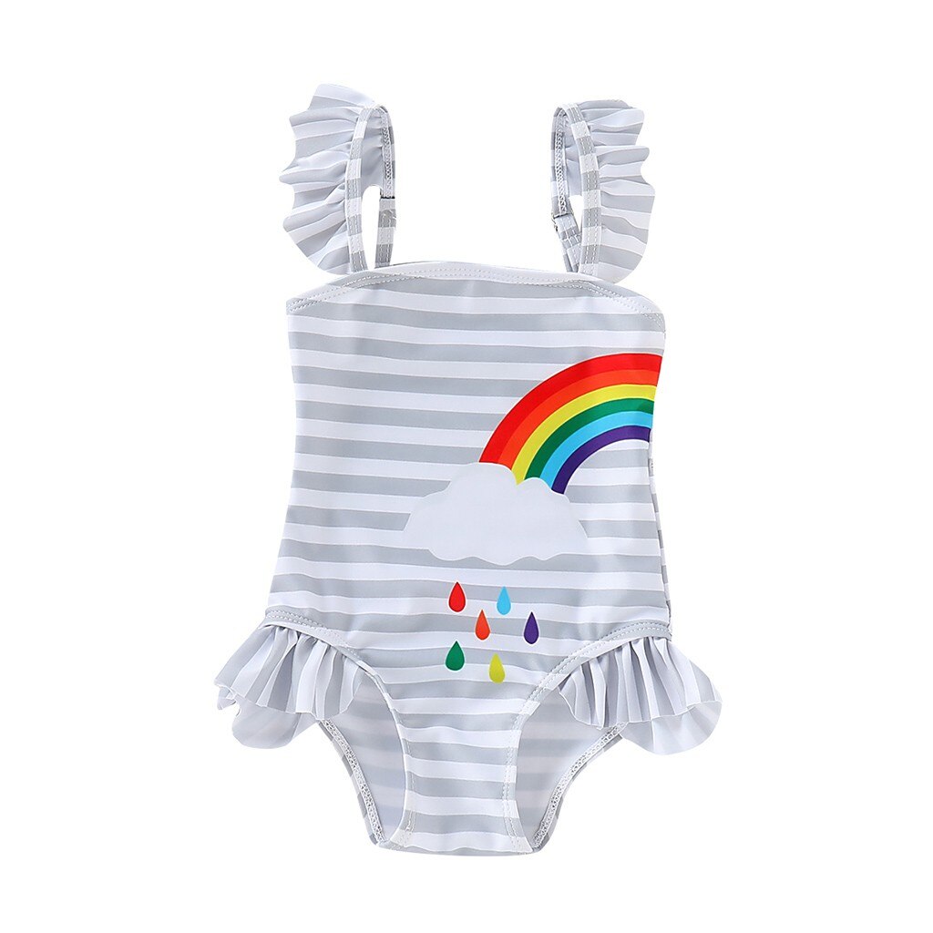 Baby Swimwear Child Kids Cute Ruffle Striped Rainbow Print One Piece Swimsuit swimwear купальник для девочки#GH: 80