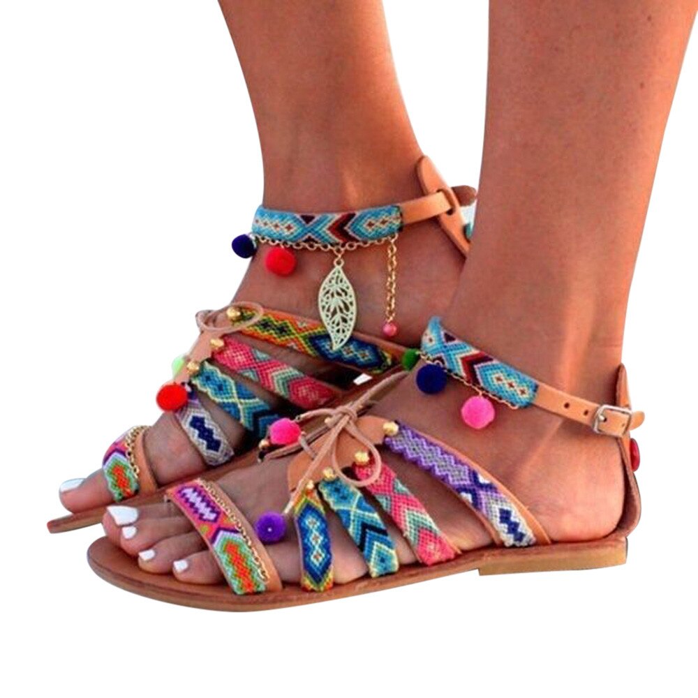 Zapatos bohemios de encaje sandalias de gladiador para niñas sandalias de cuero para mujer Sandalias Zapatos bajos para mujeres informales con correa y hebilla